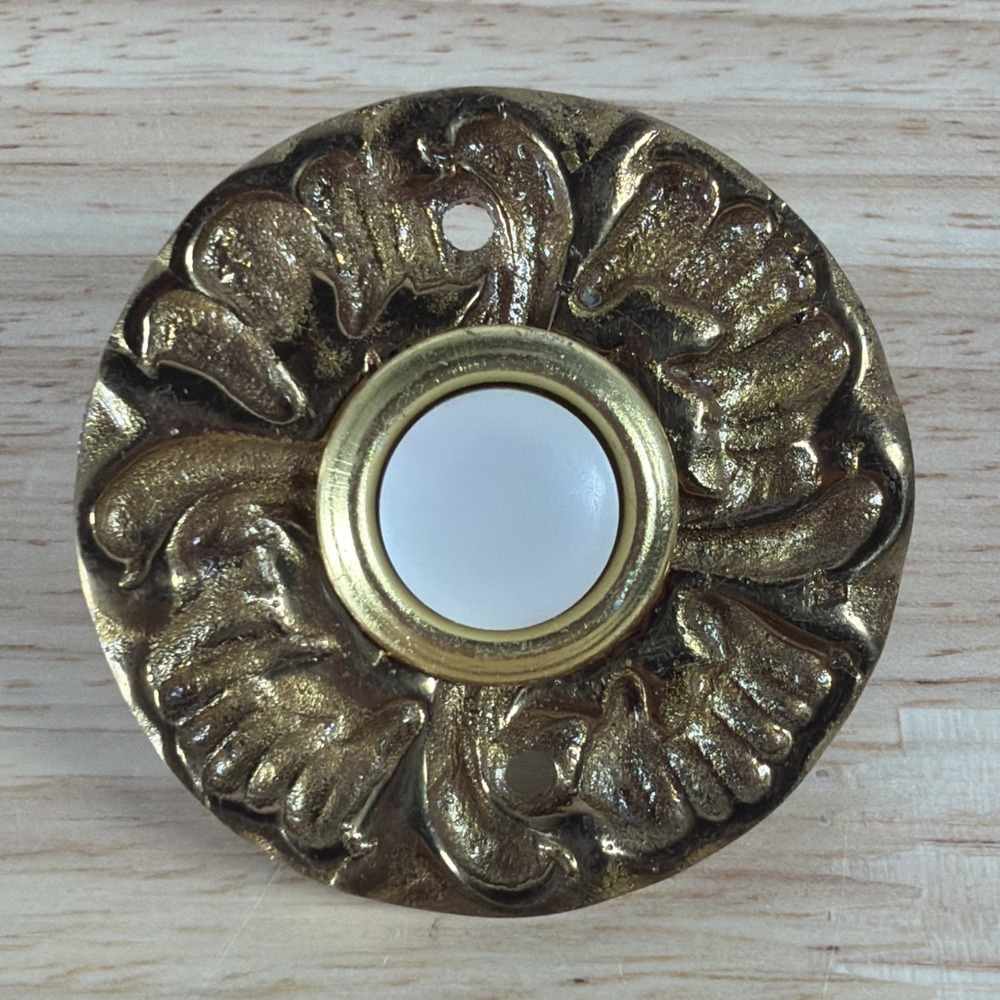 Vintage Brass Doorbell Ring Push-Button Crown Tulip Floral Design